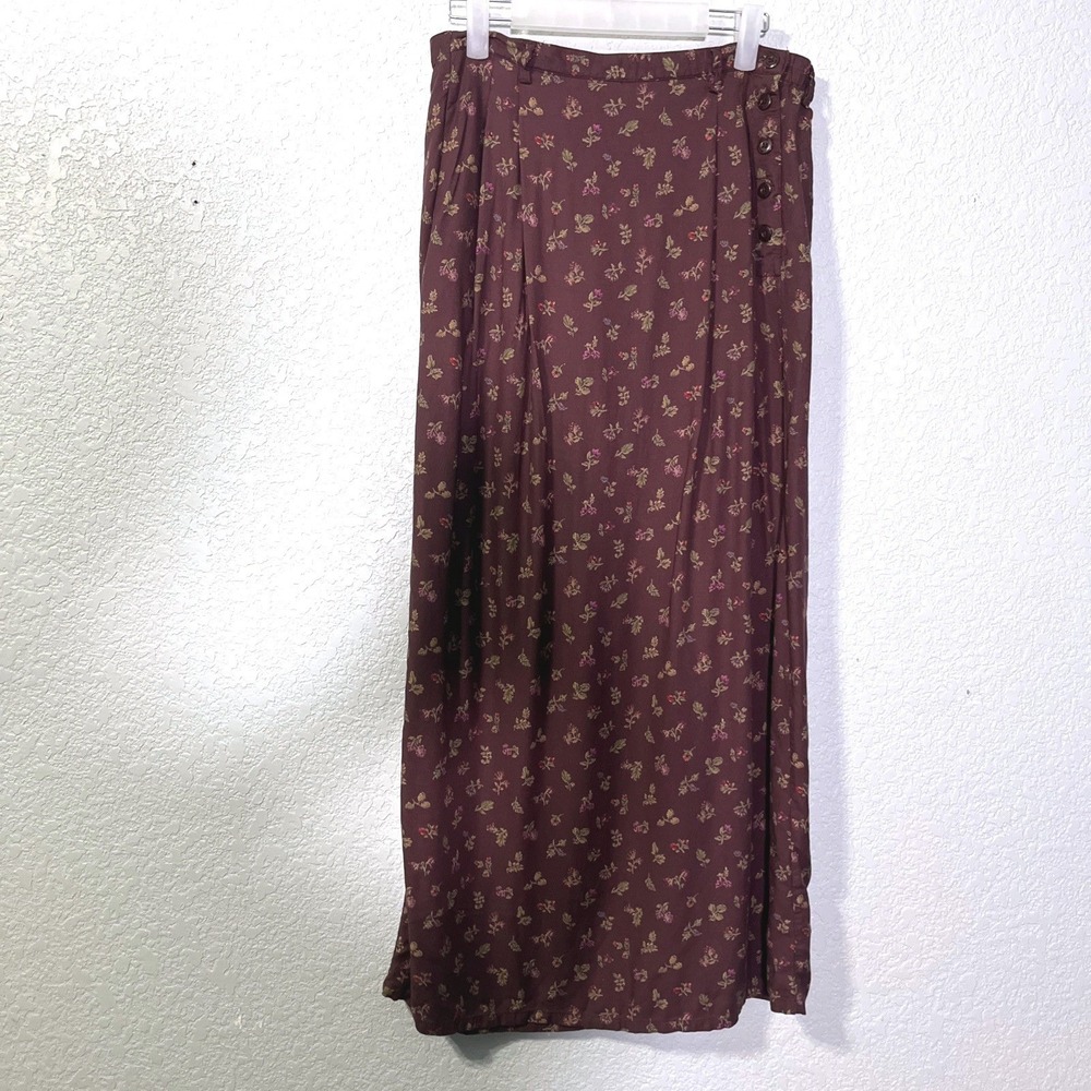 Eddie Bauer Skirt Womens 10 Tall Plum Floral Maxi Side Button Rayon Pockets